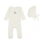 Bopop Rocking Horse Embroidered Footie & Beanie - White & Blue