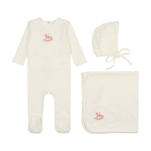 Bopop Rocking Horse Embroidered 3PC Set - White & Pink