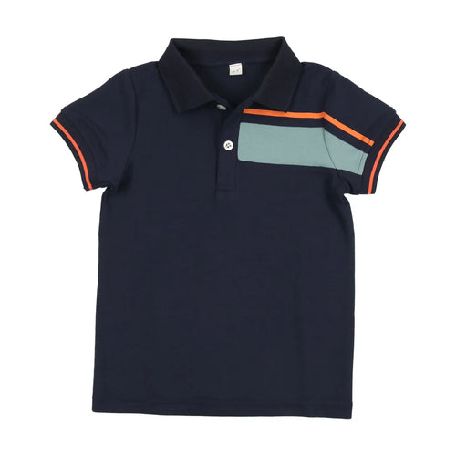 Bopop Lt Blue and Orange Block Boys Polo SS - Navy