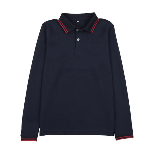 Bopop Red Stripe Boys Polo LONG SLEEVE - Navy
