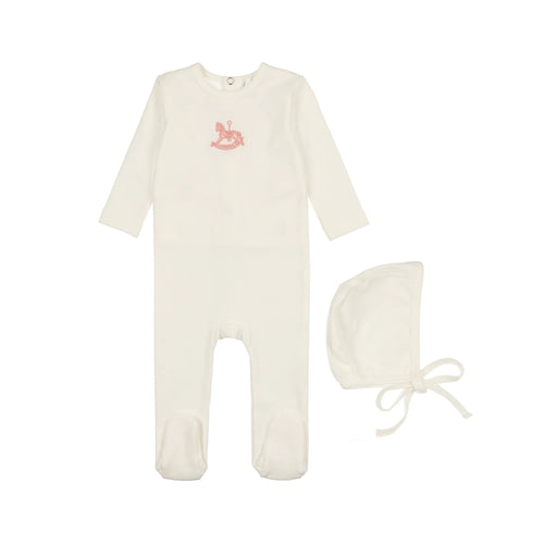 Bopop Rocking Horse Embroidered Footie & Beanie - White & Pink