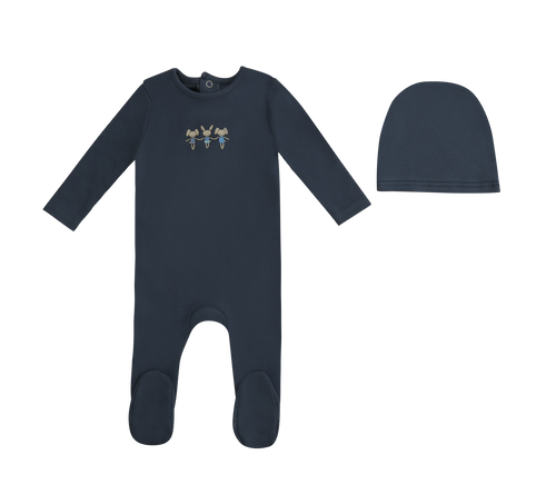 Mini Label Boys Dancing Bunnies Footie And Hat - Denim