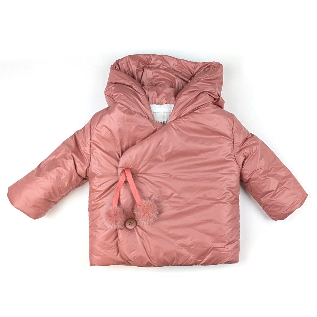 Mantel Side Opening pom pom tie Winter Jacket - Slate Rose