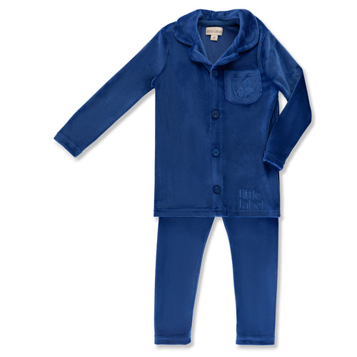 Little Label Velour Pocket Embroidered Grandpa Pajama - Boys - Blue