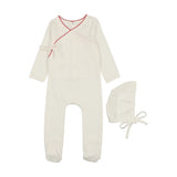Coco Blank Cotton Footie With Bonnet - Ivory/Red