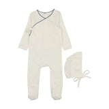 Coco Blank Cotton Footie With Bonnet - Ivory/Cobalt