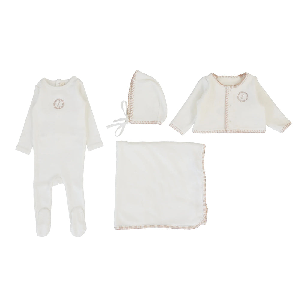 Lilette Velour Cardi Layette Set - Cream/Pink