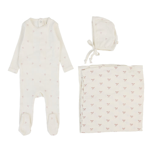 Lilette Printed Pointelle  Layette Set - Cream/Pink Bow