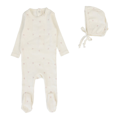 Lilette Printed Pointelle Footie And Hat - Cream/Pink Bow