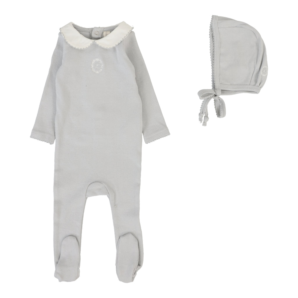 Lilette Emblem Embroidered Footie and Hat - Pale Blue