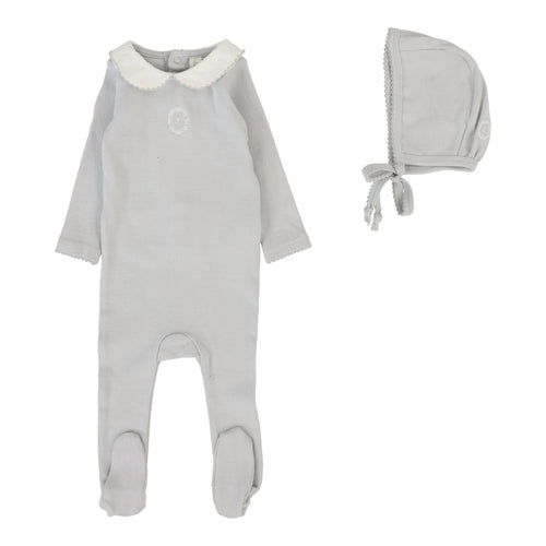 Lilette Emblem Embroidered Footie and Hat - Pale Blue