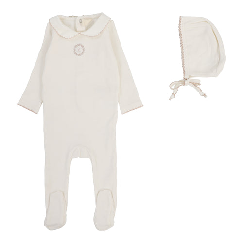 Lilette Emblem Embroidered Footie and Hat - Cream/Pink