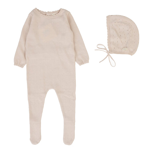 Lilette Dotty Knit Footie And Hat - Petal