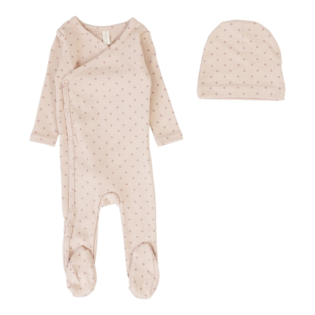 Lilette Diamond Dot Footie And Hat - Dusty Pink