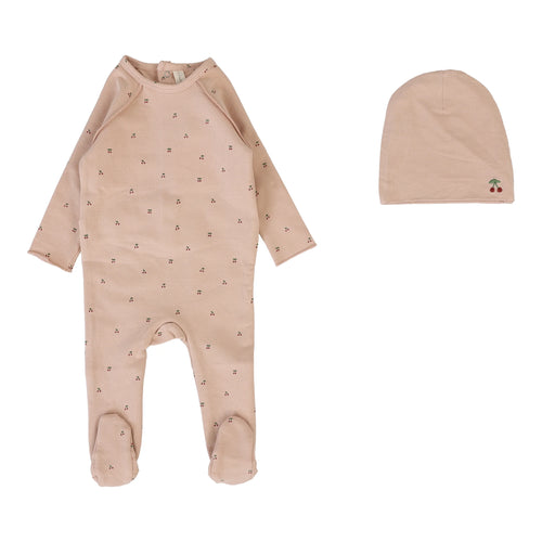 Lilette Cherry Print Footie And Hat - Dusty Pink