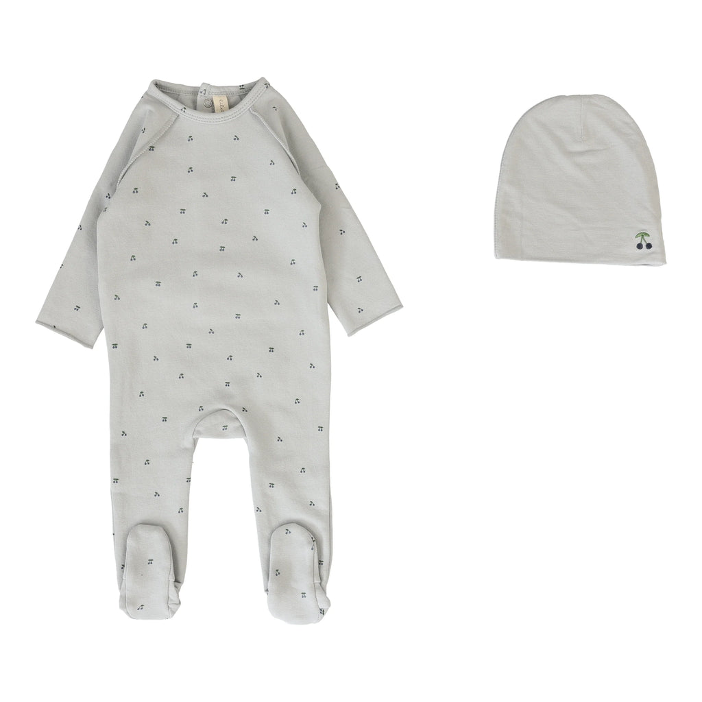 Lilette Cherry Print Footie And Hat - Pale Blue