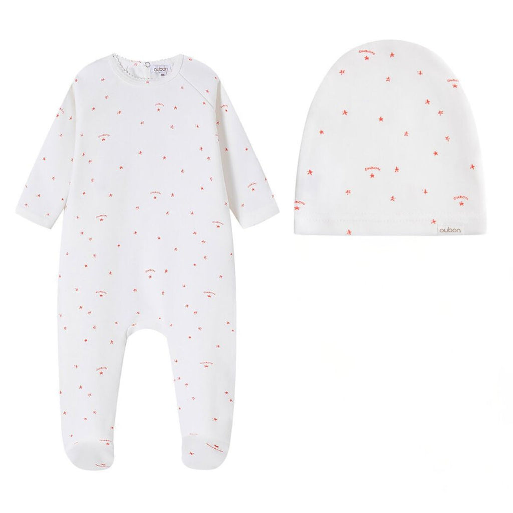 Oubon Logo And Star Print Footie And Hat - Pink