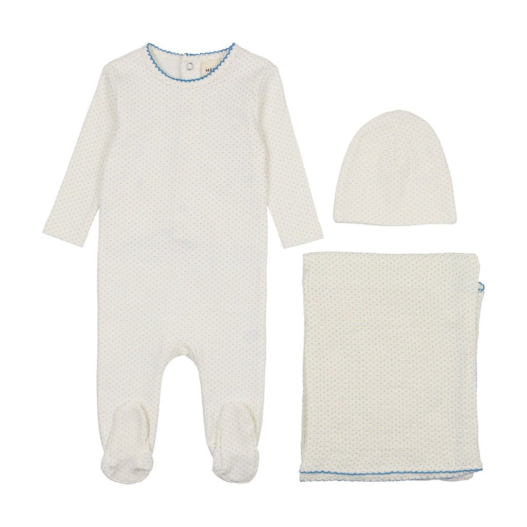 Mema Knits Polka Dot 3PC Set - Marshmallow/Blue