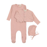 Mema Pointelle Footie Slub Cardigan & Beanie - Mauve