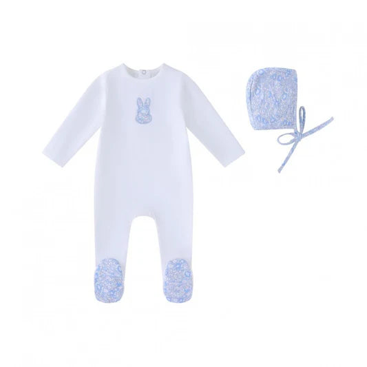 Mini Label Boys Liberty Bunny Footie And Hat - White