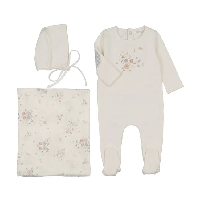 Peluche Floral Gingham Elbow Patch Layette Set - Blue