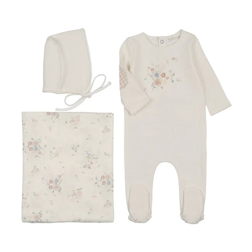 Peluche Floral Gingham Elbow Patch Layette Set - Pink
