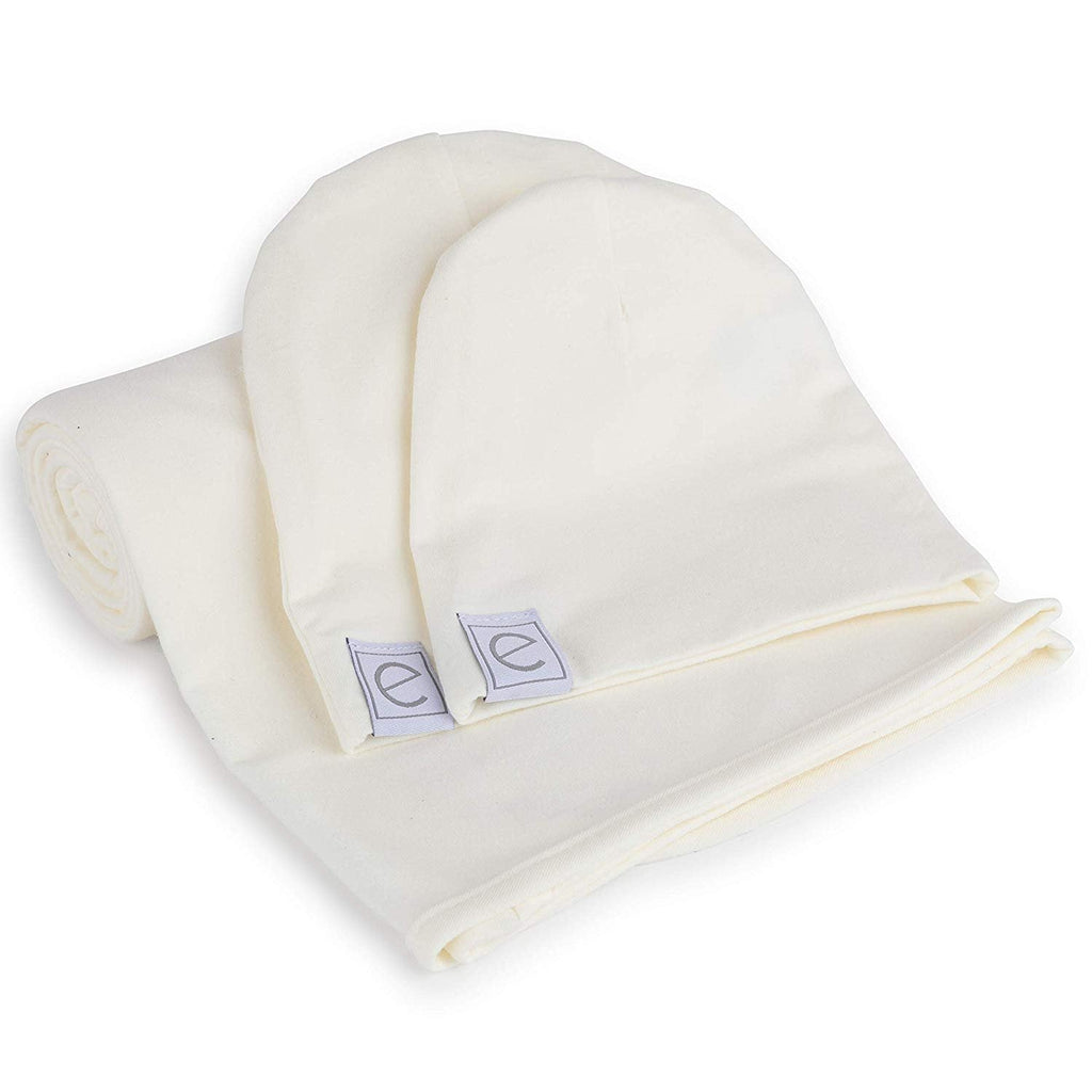 Ely's & Co Ivory Jersey Swaddle Blanket with 2 Beanies