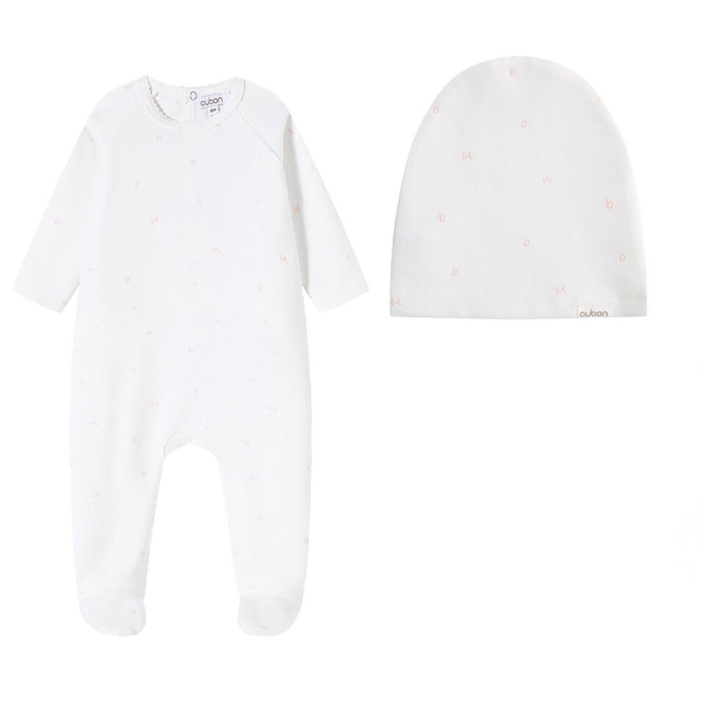 Oubon Logo Letter Print Footie And Hat - Pink