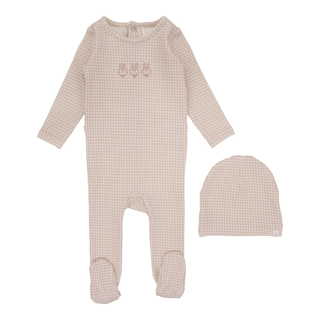 Lilette Gingham Bunny Footie & Beanie Set - Petal