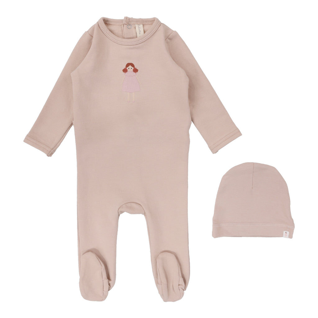 Lilette Handdrawn Footie & Beanie Set - Pink