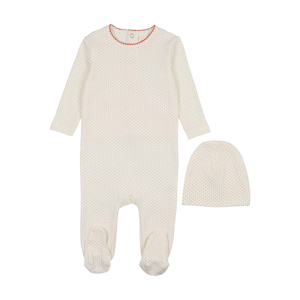 Mema Knits Polka Dot Footie & Beanie - Marshmallow/Pink