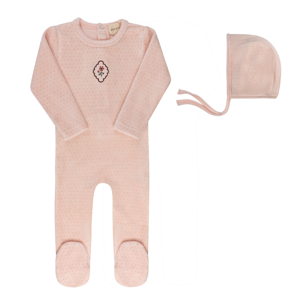 Ely's & Co Embroidered Floral Dot Collection Footie And Bonnet - Pink