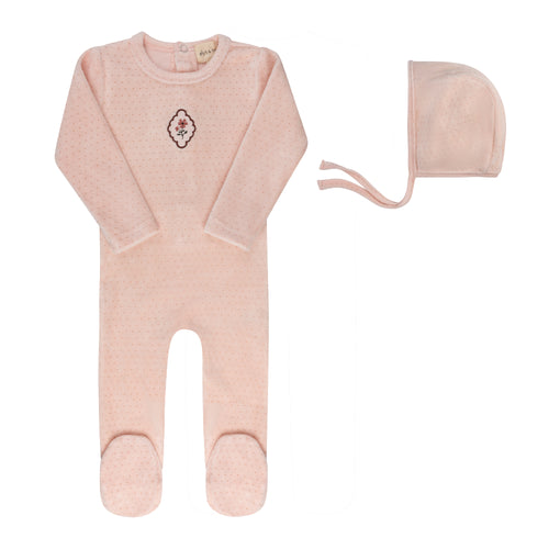 Ely's & Co Embroidered Floral Dot Collection Footie And Bonnet - Pink