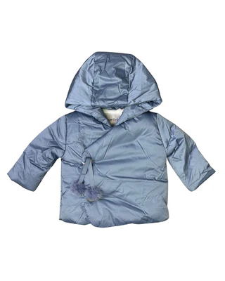 Mantel Side Opening pom pom tie Winter Jacket - Mid Blue