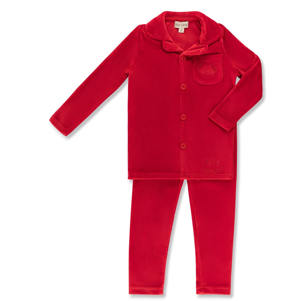 Little Label Velour Pocket Embroidered Grandpa Pajama - Girls - Red
