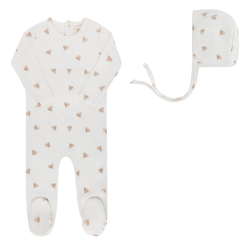 Ely's & Co Velour Leaf Pattern Collection Footie And Bonnet - Ivory Boys