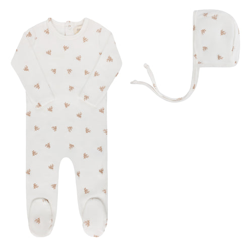 Ely's & Co Velour Leaf Pattern Collection Footie And Bonnet - Ivory Boys
