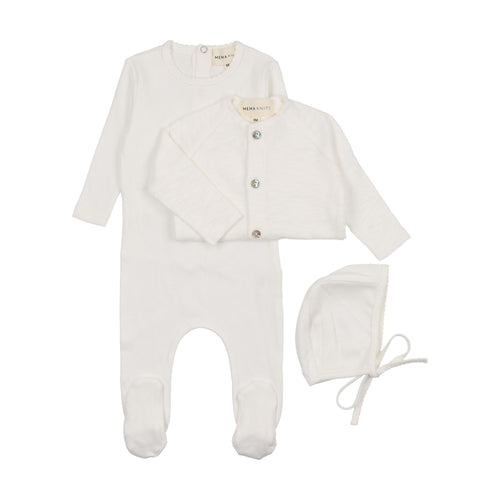 Mema Pointelle Footie Slub Cardigan & Beanie - Winter White