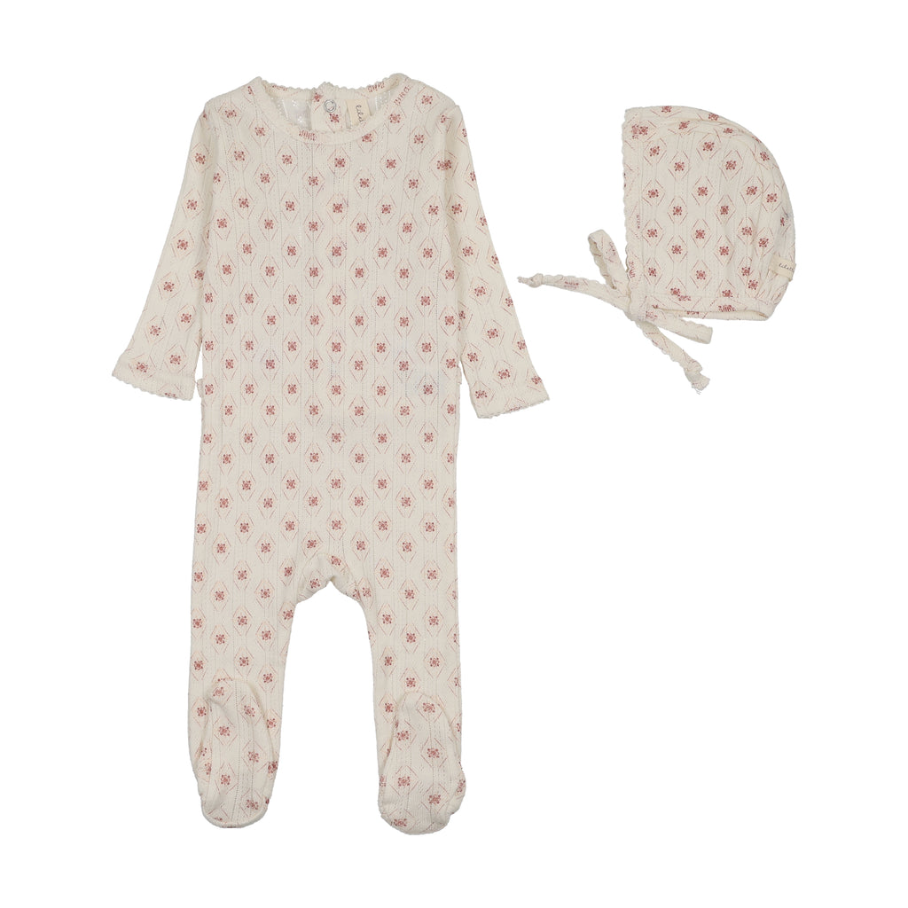 Lilette Geo Floral Printed Footie And Hat Set - Cream/Pink