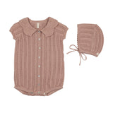 Lilette Crochet Knit Girls Romper And Bonnet - Dusty Pink