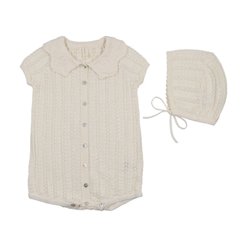 Lilette Crochet Knit Girls Romper And Bonnet - Cream