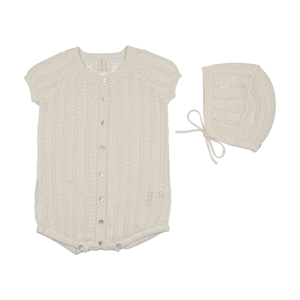 Lilette Crochet Knit Boys Romper And Bonnet - Cream
