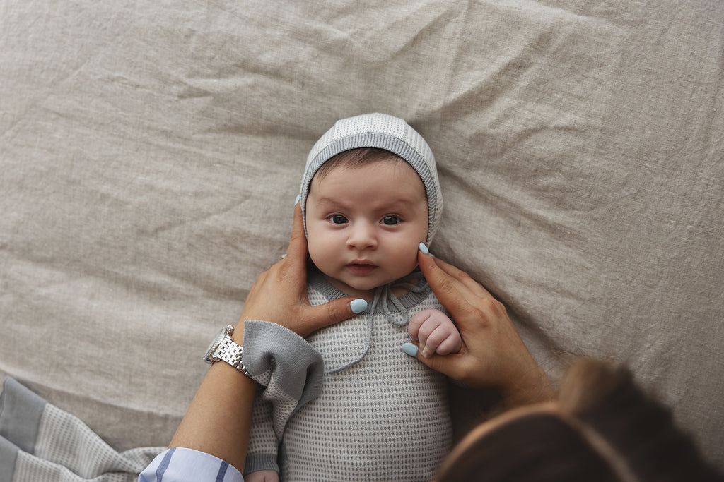 Lilette Two Tone Knit Footie And Hat - Light Blue