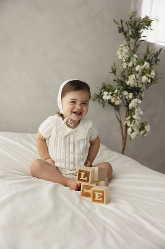 Lilette Crochet Knit Girls Romper And Bonnet - Cream