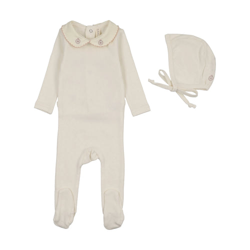 Lilette Sweetheart Collar Footie And Hat - Cream/Pink