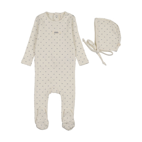 Lilette Floret Print Footie And Hat Set - Cream/Blue
