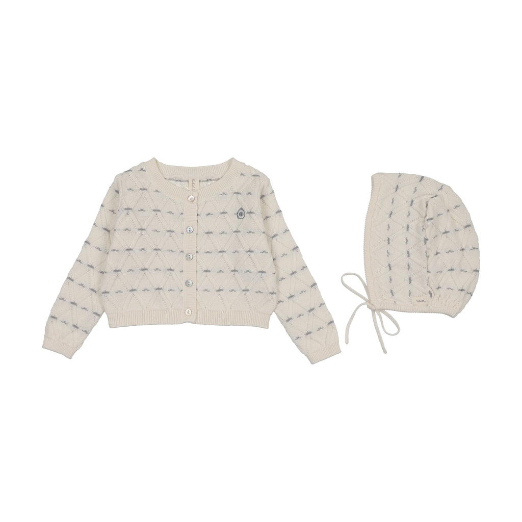 Lilette Sweetheart Knit Cardigan And Hat Set - Cream/Light Blue
