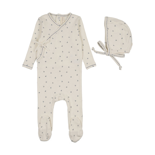 Lilette Cherry Scallop Footie And Hat Set - Cream/Blue