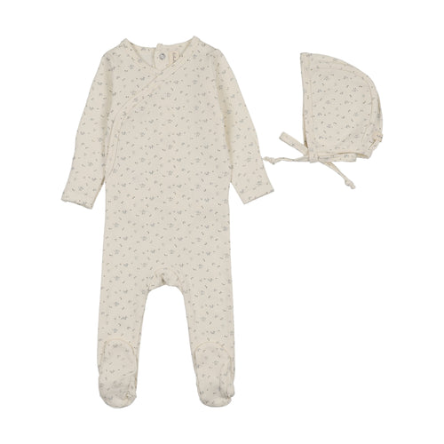 Lilette Printed Wrapover Footie And Hat Set - Cream/Blue