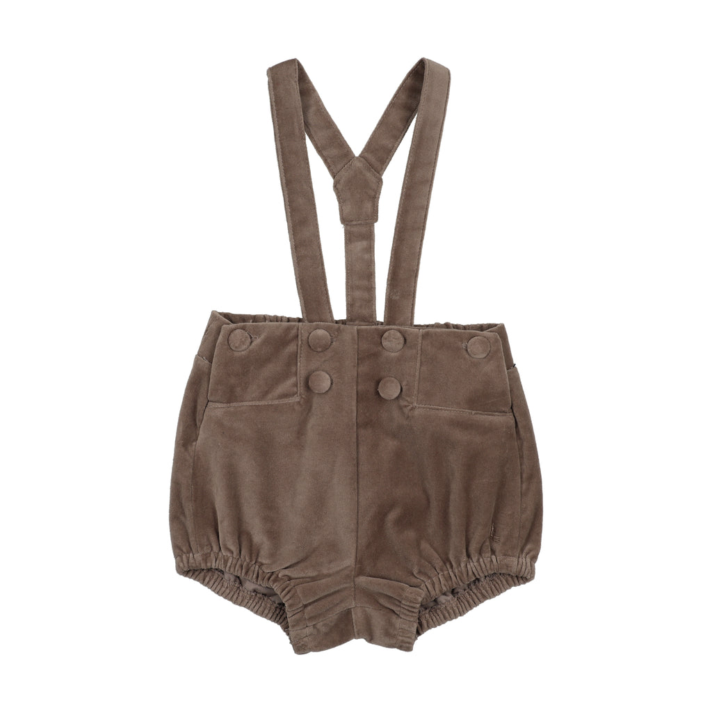 Lil Legs Velvet Gathered Suspender Shorts - Misty Oat